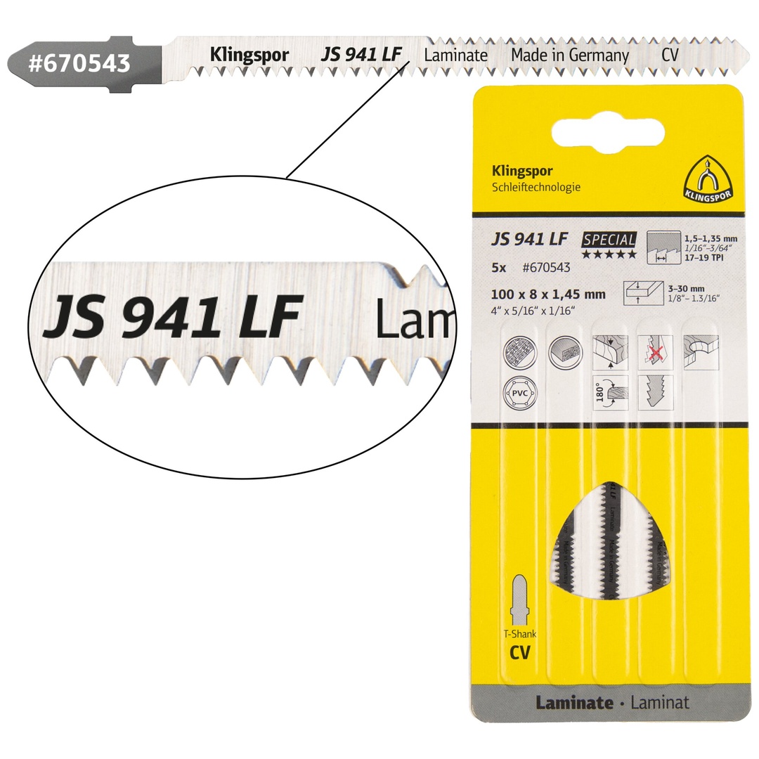 Klingspor JS 941 LF Stichsägeblätter, 100 x 5 x 1,45 mm Nutzlänge 75Crom-Vanadium, kreuzgeschliffen, konisch , 17-19 Zähne pro Zoll, SB-verpackt im Ka
