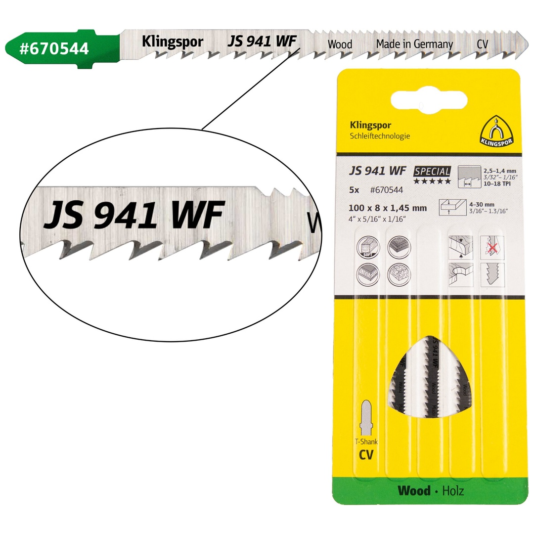 Klingspor JS 941 WF Stichsägeblätter, 100 x 5 x 1,45 mm Nutzlänge 75Crom-Vanadium, kreuzgeschliffen, konisch , 10-18 Zähne pro Zoll, SB-verpackt im Ka