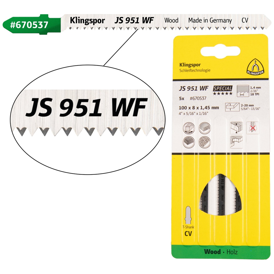 Klingspor JS 951 WF Stichsägeblätter, 100 x 8 x 1,45 mm Nutzlänge 75Crom-Vanadium, kreuzgeschliffen, konisch , 18 Zähne pro Zoll, SB-verpackt im Karto