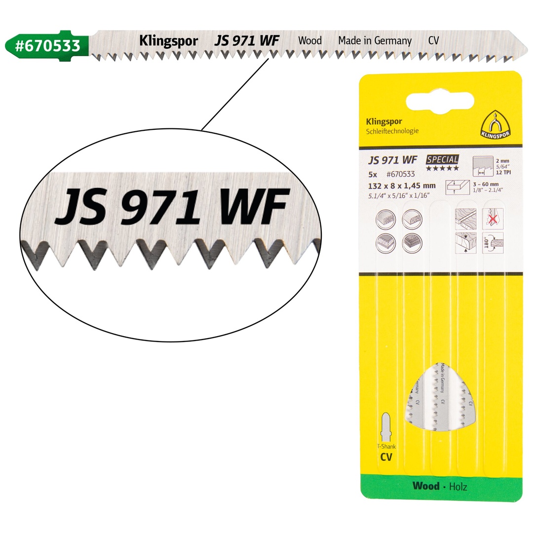 Klingspor JS 971 WF Stichsägeblätter, 132 x 8 x 1,45 mm Nutzlänge 110Crom-Vanadium, kreuzgeschliffen, konisch , 12 Zähne pro Zoll, SB-verpackt im Kart