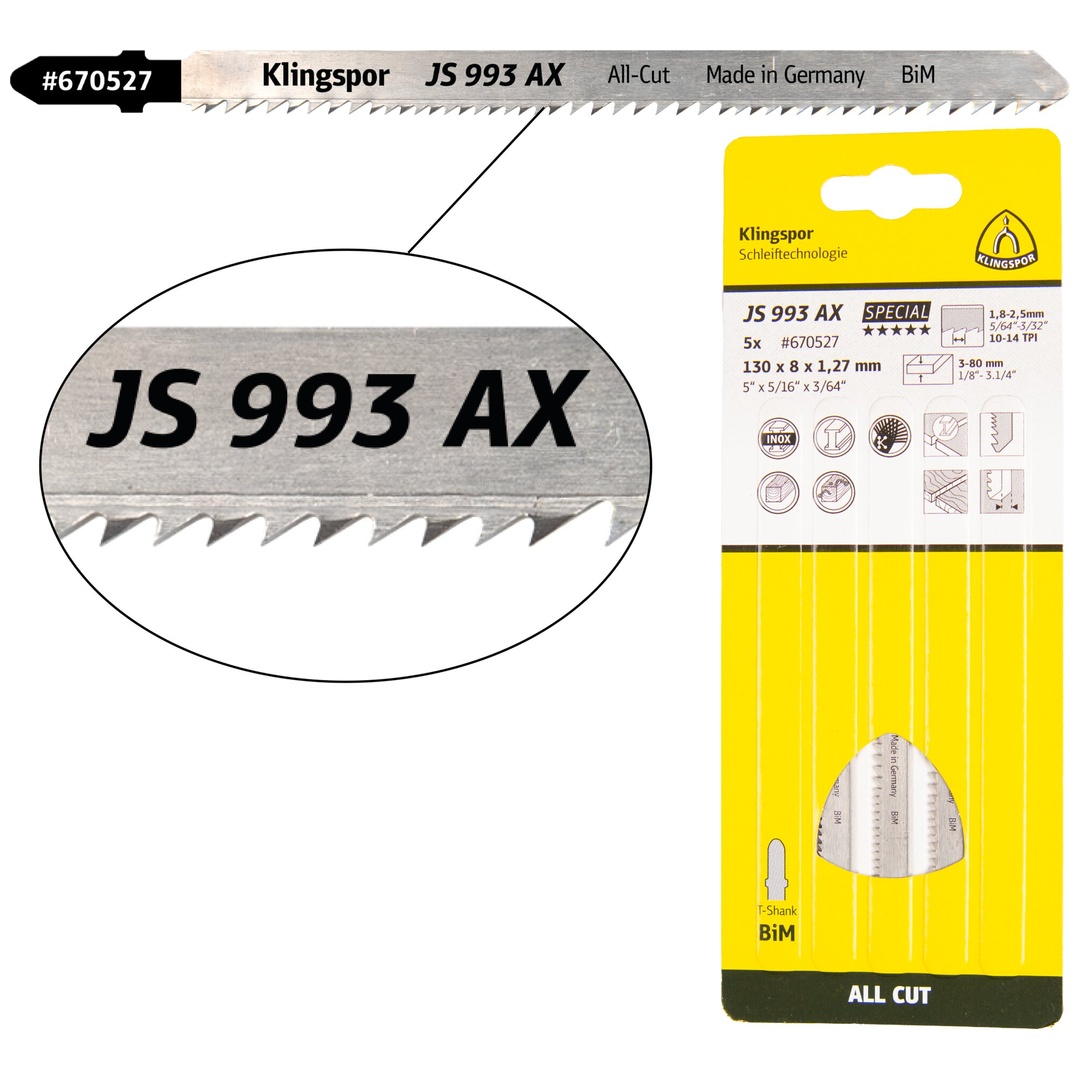Klingspor JS 993 AX Stichsägeblätter, 132 x 8 x 1,27 mm Nutzlänge 110Bi-Metall, gefräst, geschränkt , 10-14 Zähne pro Zoll, SB-verpackt im Karton
