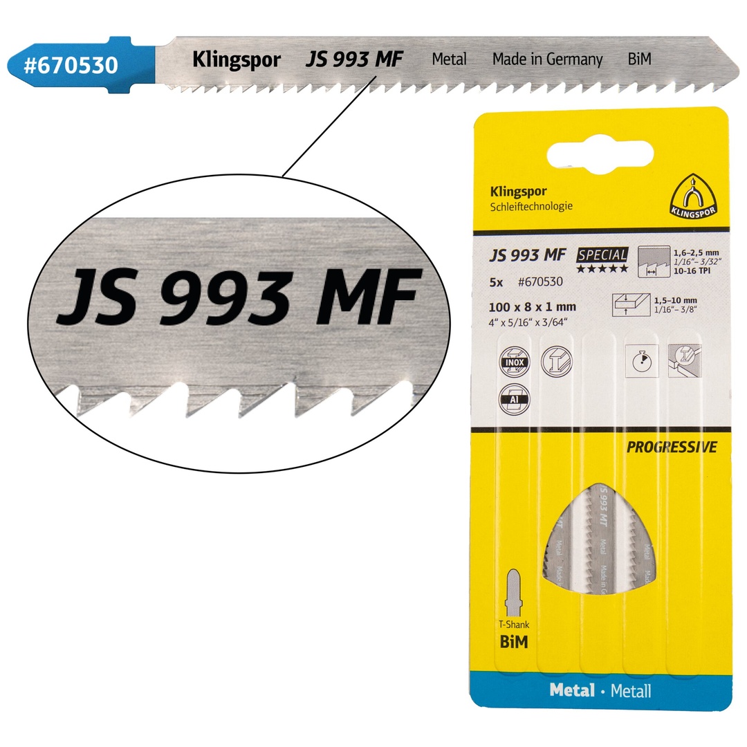 Klingspor JS 993 MF Stichsägeblätter, 100 x 8 x 1 mm Nutzlänge 75Bi-Metall, gefräst, geschränkt , 10-16 Zähne pro Zoll, SB-verpackt im Karton