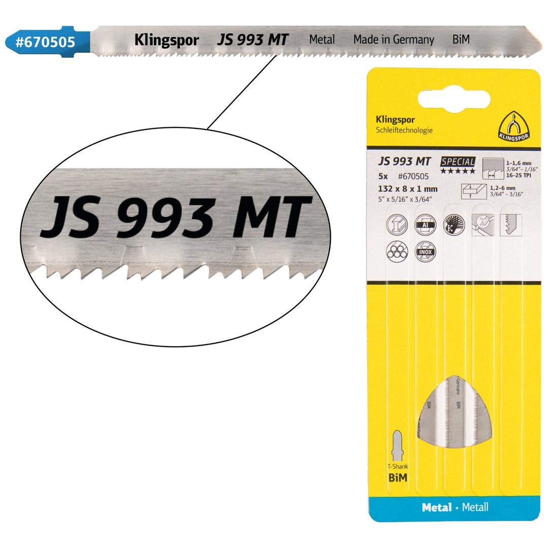 Klingspor JS 993 MT Stichsägeblätter, 132 x 8 x 1 mm Nutzlänge 110Bi-Metall, gefräst, geschränkt , 16-25 Zähne pro Zoll, SB-verpackt im Karton
