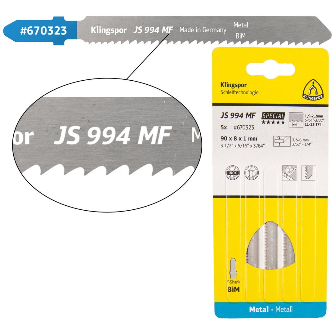 Klingspor JS 994 MF Stichsägeblätter, 90 x 8 x 1 mm Nutzlänge 63Bi-Metall, gefräst, gewellt , 11-13 Zähne pro Zoll, SB-verpackt im Karton
