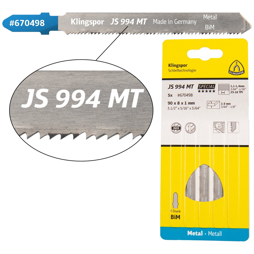 Klingspor JS 994 MT Stichsägeblätter, 90 x 8 x 1 mm Nutzlänge 63Bi-Metall, gefräst, gewellt , 23-28 Zähne pro Zoll, SB-verpackt im Karton