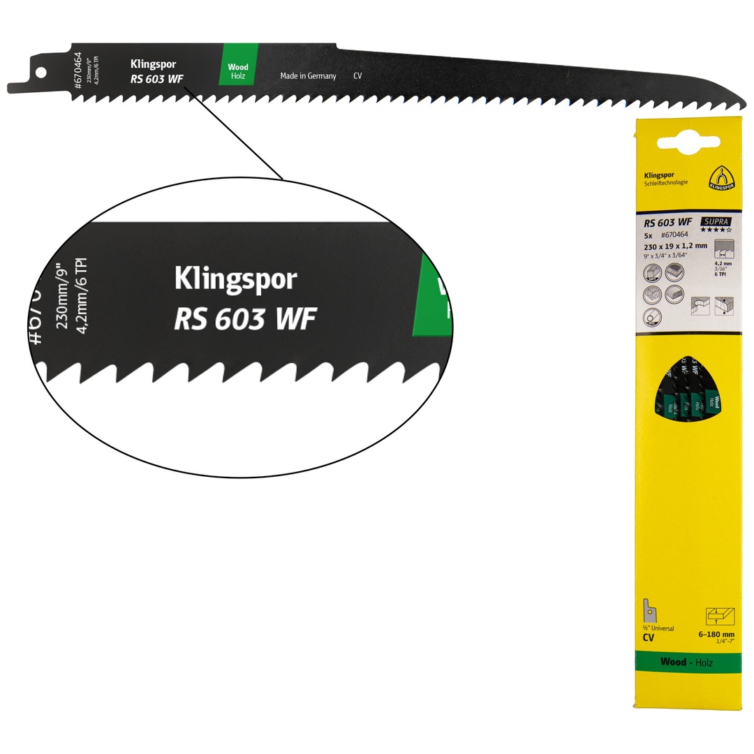 Klingspor RS 603 WF Säbelsägeblätter, 300 x 19 x 1,2 mm Nutzlänge 280Crom-Vanadium, gefräst, geschränkt , 6 Zähne pro Zoll, SB-verpackt im Karton