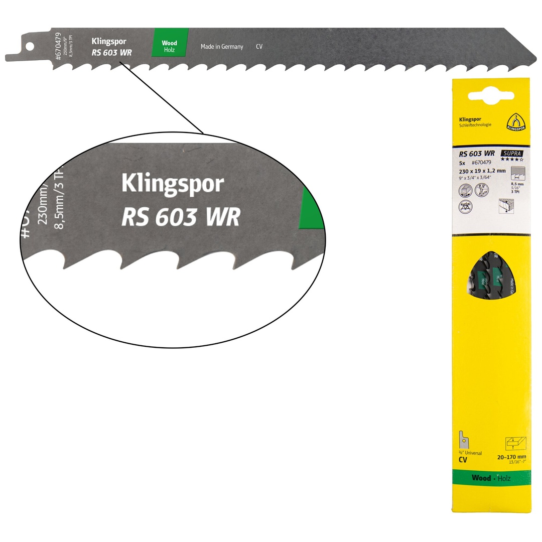 Klingspor RS 603 WR Säbelsägeblätter, 300 x 19 x 1,2 mm Nutzlänge 280Crom-Vanadium, gefräst, geschränkt , 3 Zähne pro Zoll, SB-verpackt im Karton