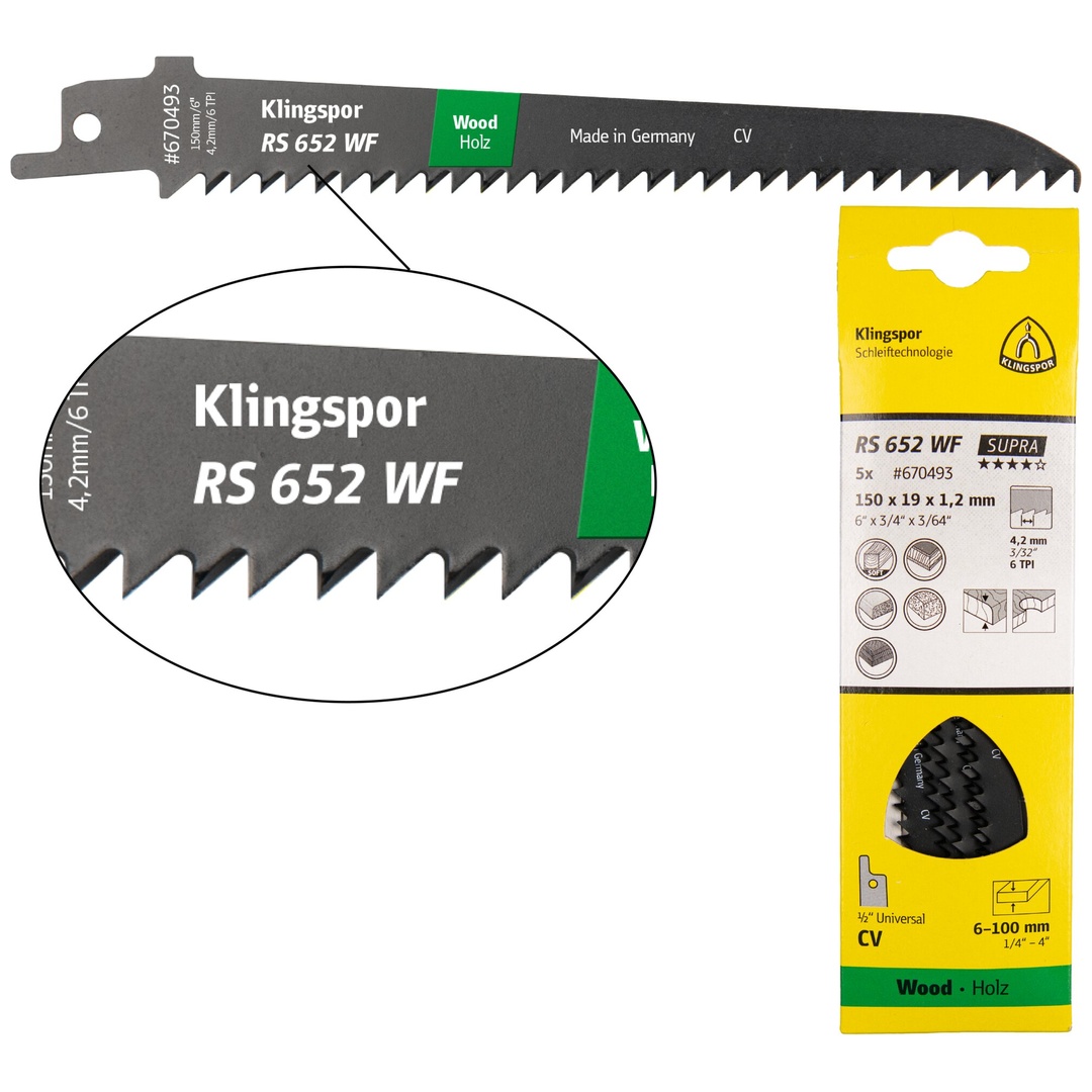 Klingspor RS 652 WF Säbelsägeblätter, 150 x 19 x 1,2 mm Nutzlänge 130Crom-Vanadium, kreuzgeschliffen, geschränkt , 6 Zähne pro Zoll, SB-verpackt im Ka