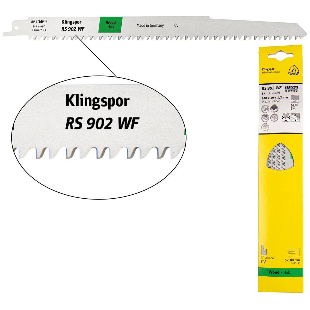 Klingspor RS 902 WF Säbelsägeblätter, 240 x 19 x 1,2 mm Nutzlänge 210Crom-Vanadium, kreuzgeschliffen, konisch , 7 Zähne pro Zoll, SB-verpackt im Karto