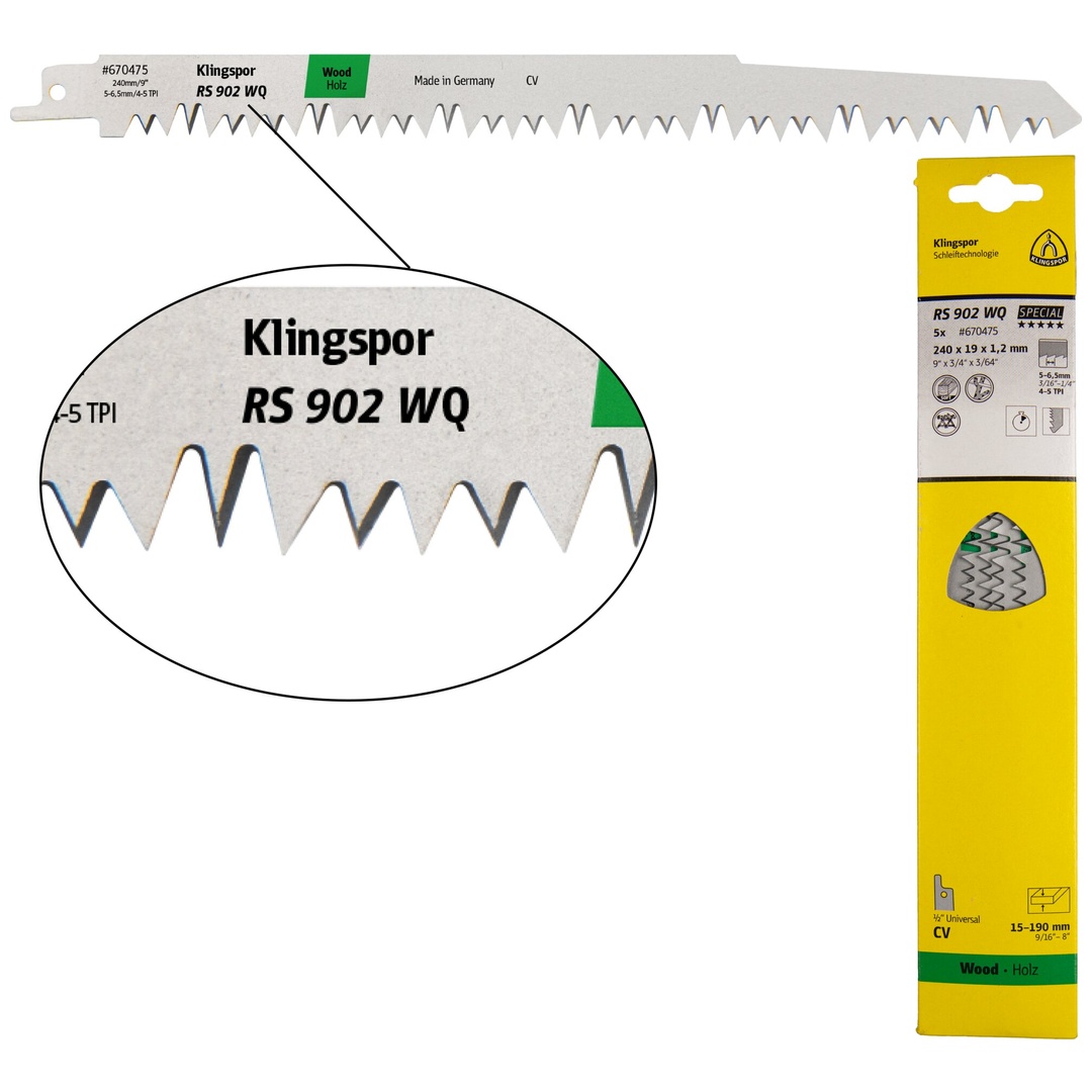 Klingspor RS 902 WQ Säbelsägeblätter, 240 x 19 x 1,2 mm Nutzlänge 210Crom-Vanadium, kreuzgeschliffen, geschränkt , 5 Zähne pro Zoll, SB-verpackt im Ka