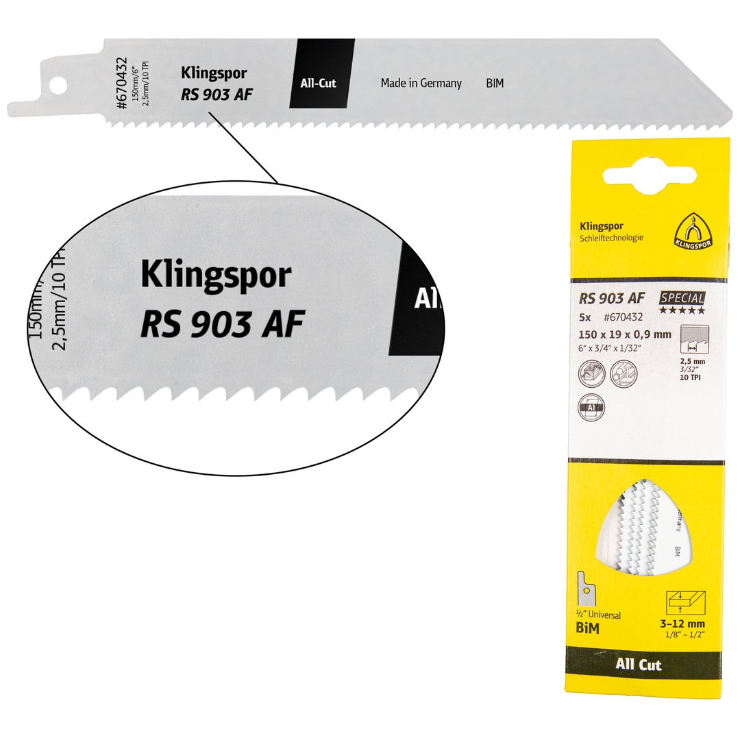 Klingspor RS 903 AF Säbelsägeblätter, 200 x 19 x 0,9 mm Nutzlänge 180Bi-Metall, gefräst, geschränkt , 10 Zähne pro Zoll, SB-verpackt im Karton