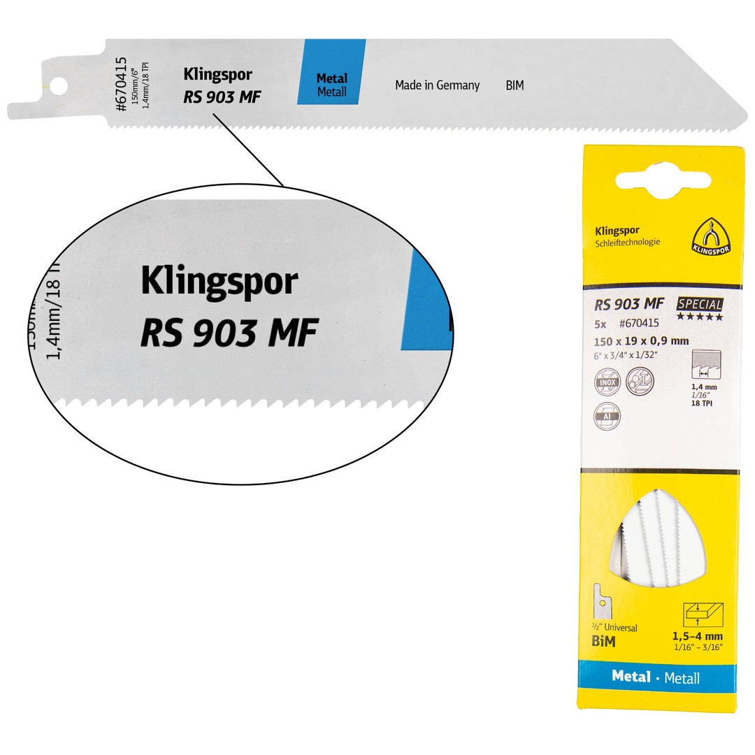 Klingspor RS 903 MF Säbelsägeblätter, 230 x 19 x 0,9 mm Nutzlänge 210Bi-Metall, gefräst, geschränkt , 18 Zähne pro Zoll, SB-verpackt im Karton