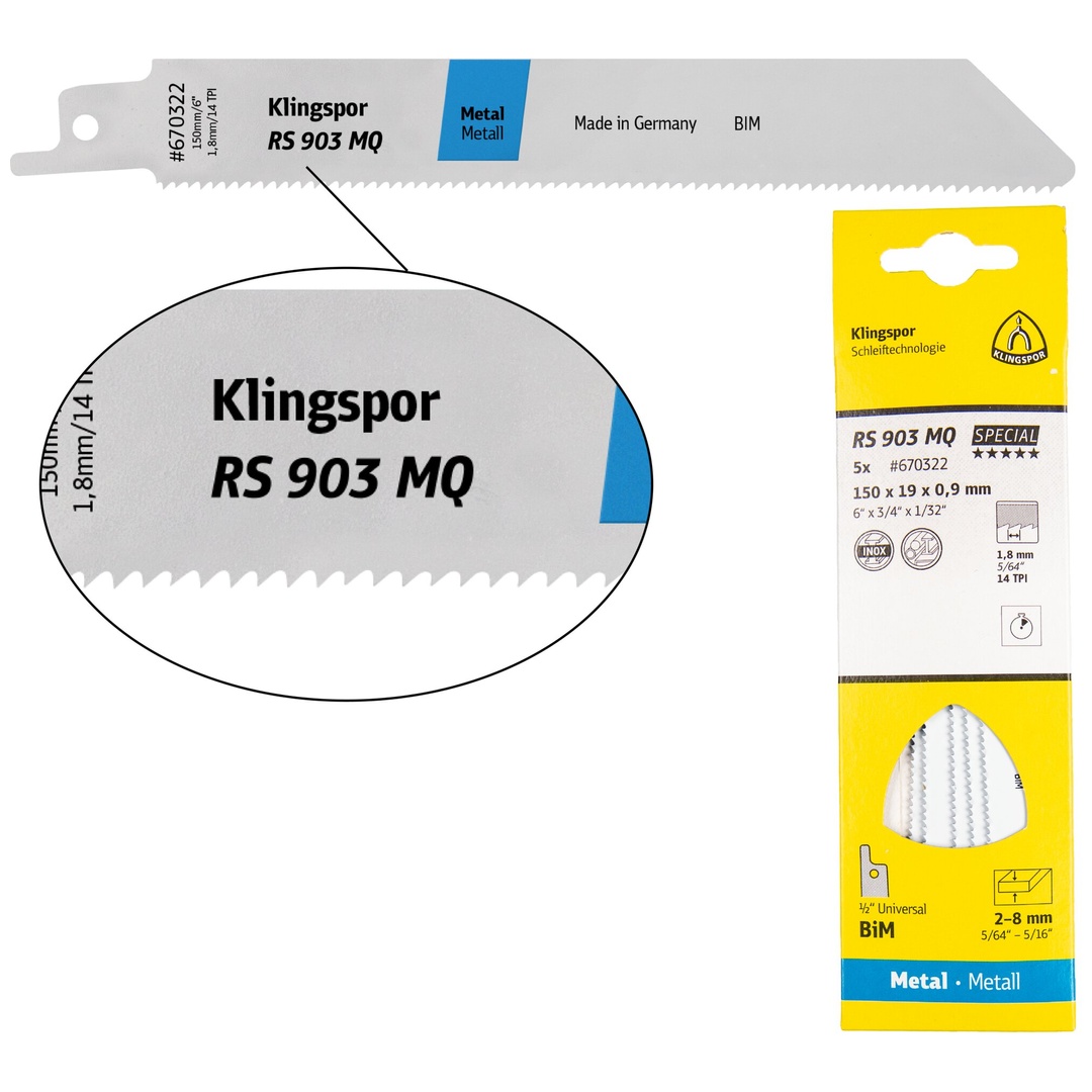 Klingspor RS 903 MQ Säbelsägeblätter, 230 x 19 x 0,9 mm Nutzlänge 210Bi-Metall, gefräst, geschränkt , 14 Zähne pro Zoll, SB-verpackt im Karton