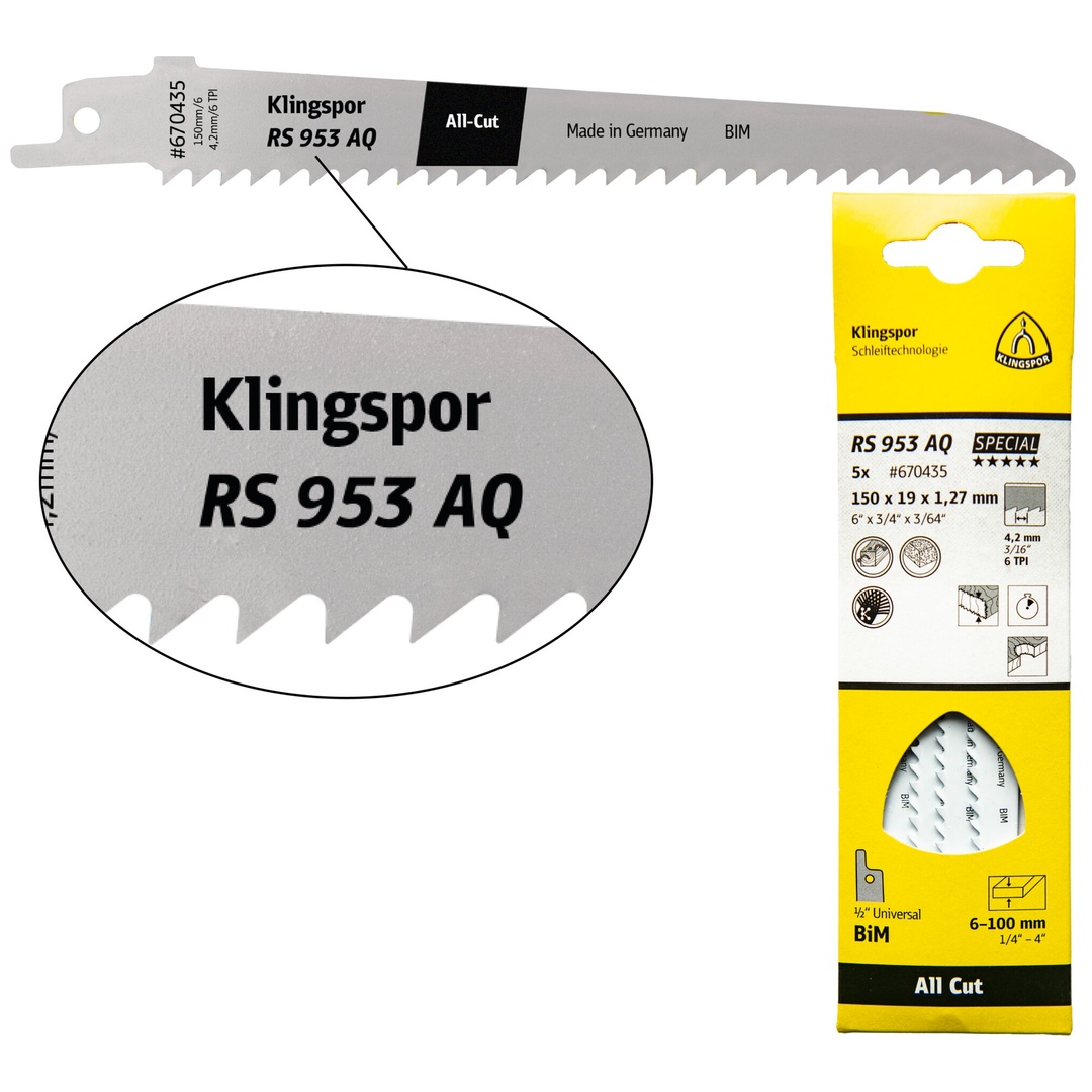 Klingspor RS 953 AQ Säbelsägeblätter, 150 x 19 x 1,27 mm Nutzlänge 130Bi-Metall, gefräst, geschränkt , 6 Zähne pro Zoll, SB-verpackt im Karton