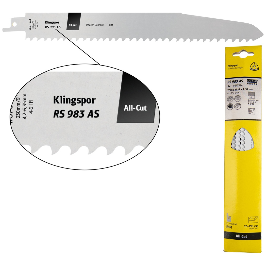 Klingspor RS 983 AS Säbelsägeblätter, 230 x 25,4 x 1,57 mm Nutzlänge 210Bi-Metall, gefräst, geschränkt , 4-6 Zähne pro Zoll, SB-verpackt im Karton