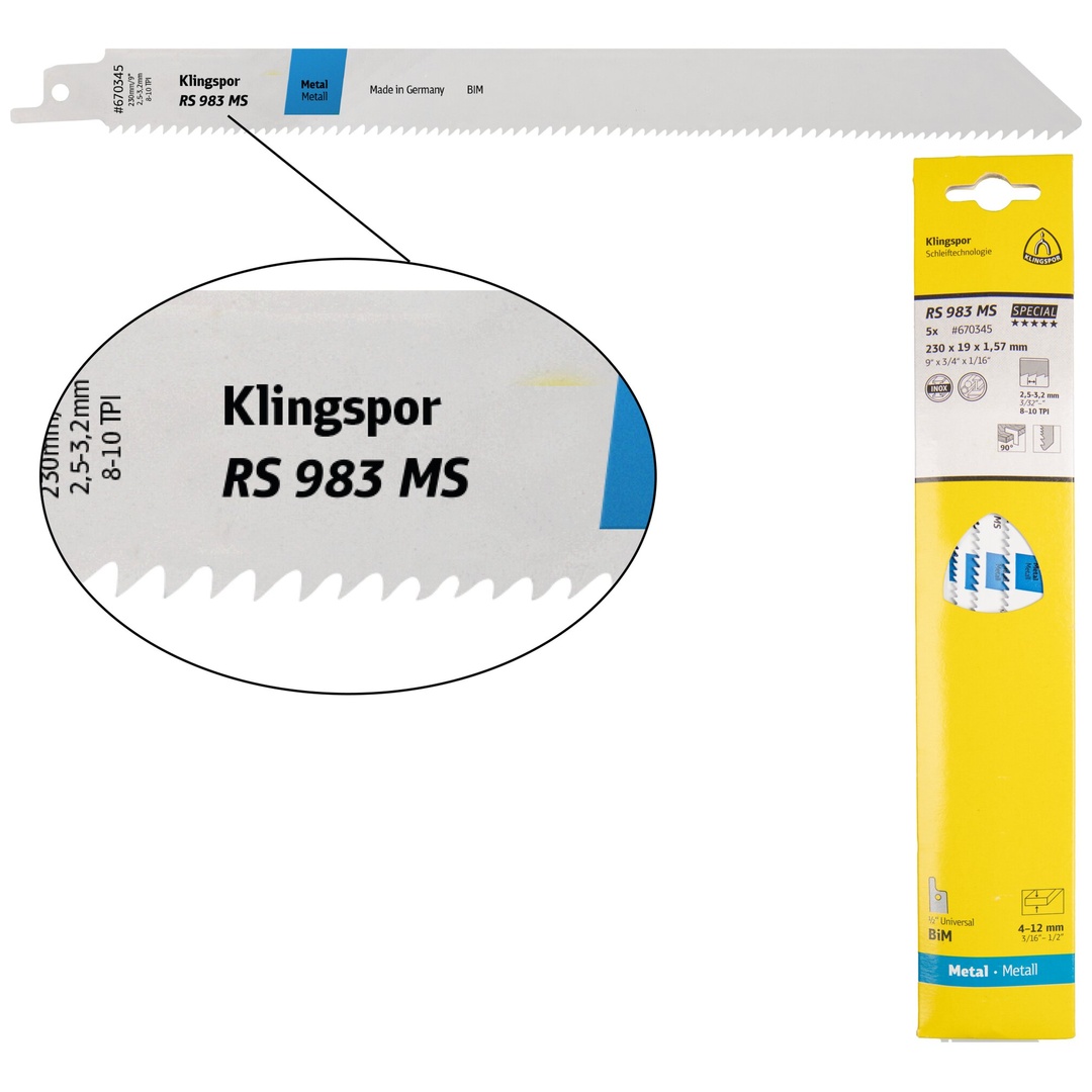 Klingspor RS 983 MS Säbelsägeblätter, 230 x 19 x 1,57 mm Nutzlänge 210Bi-Metall, gefräst, geschränkt , 8-10 Zähne pro Zoll, SB-verpackt im Karton