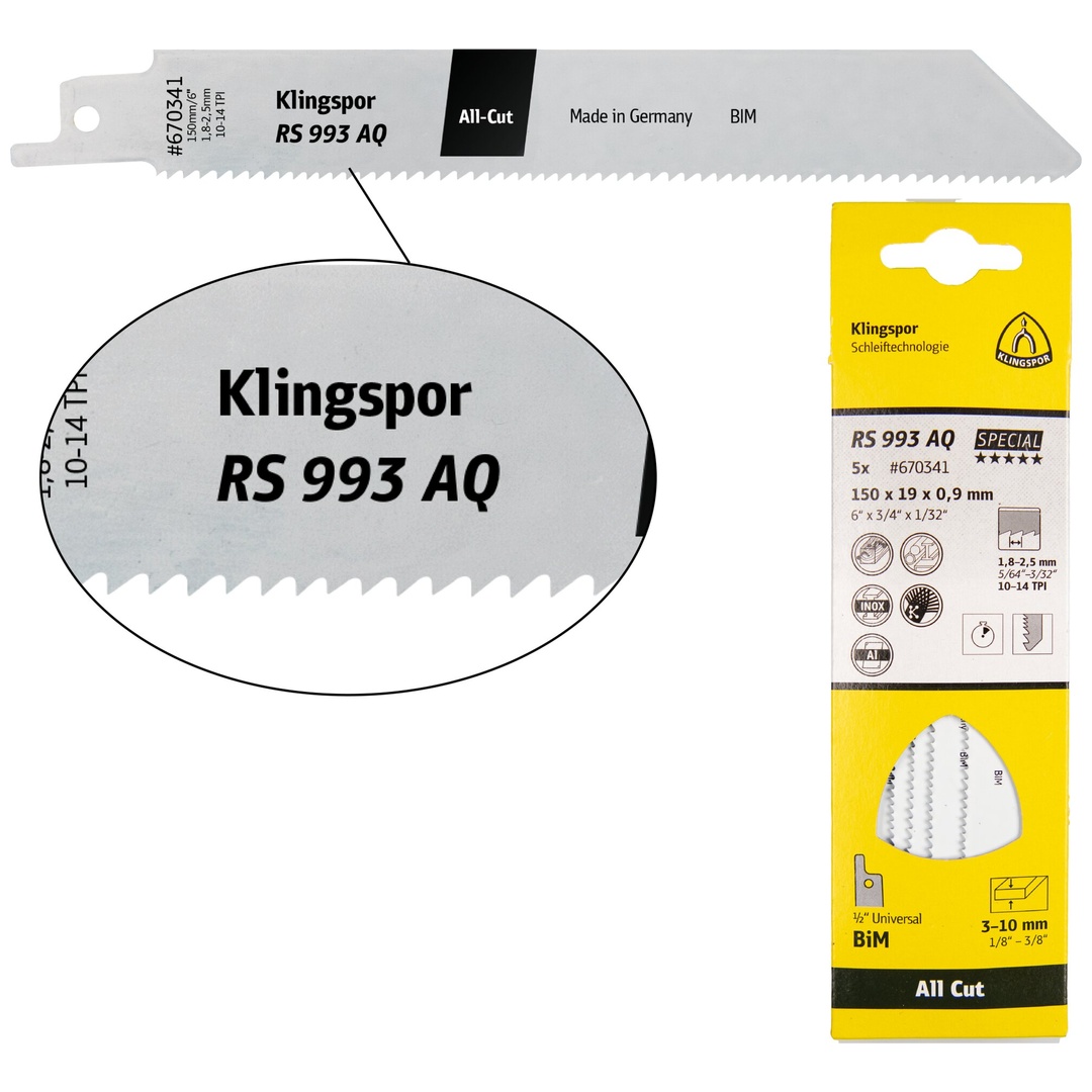 Klingspor RS 993 AQ Säbelsägeblätter, 300 x 19 x 0,9 mm Nutzlänge 280Bi-Metall, gefräst, geschränkt , 10-14 Zähne pro Zoll, SB-verpackt im Karton