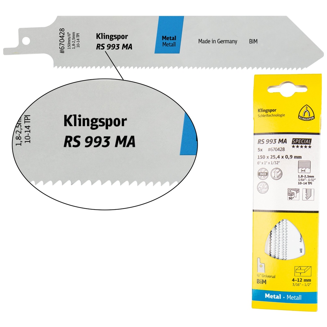Klingspor RS 993 MA Säbelsägeblätter, 225 x 25,4 x 0,9 mm Nutzlänge 205Bi-Metall, gefräst, geschränkt , 10-14 Zähne pro Zoll, SB-verpackt im Karton