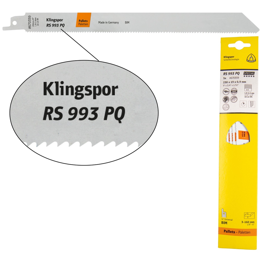 Klingspor RS 993 PQ Säbelsägeblätter, 230 x 19 x 0,9 mm Nutzlänge 210Bi-Metall, gefräst, geschränkt , 10-14 Zähne pro Zoll, SB-verpackt im Karton