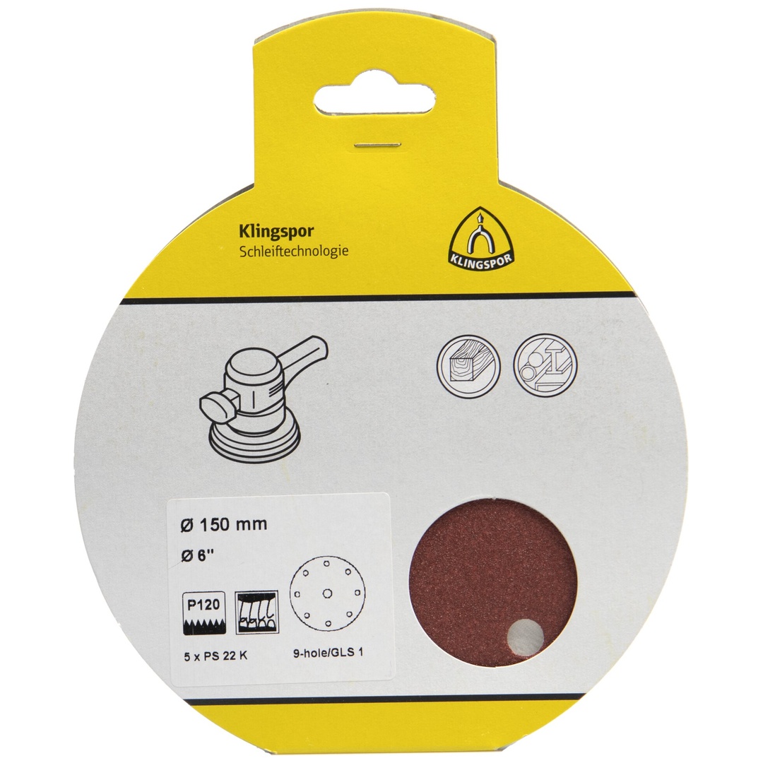 Klingspor PS 22 K Schleifmittel (Set) kletthaftend, 150 mm Lochform GLS51, SB-verpackt im Reiter