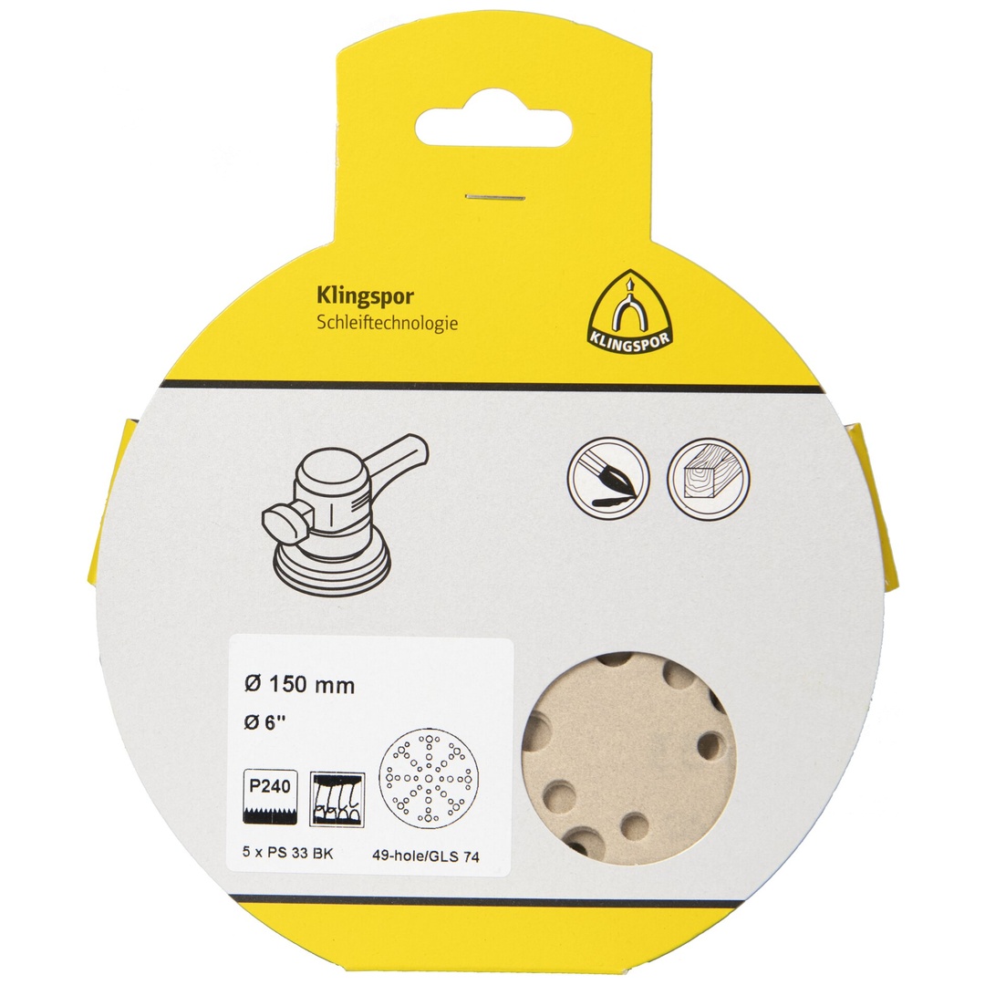Klingspor PS 33 BK Scheiben kletthaftend, 150 mm Korn 240 Lochform GLS74, SB-verpackt im Reiter