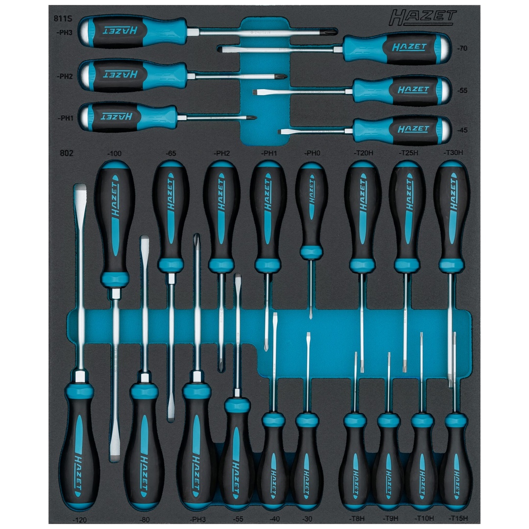 Hazet Schraubendreher Satz 163D-7/24N, Kreuzschlitz Profil PH, Pozidriv Profil PZ, Schlitz Profil, Tamper Resistant TX Profil, 24-tlg., PH0 - PH3, T8H