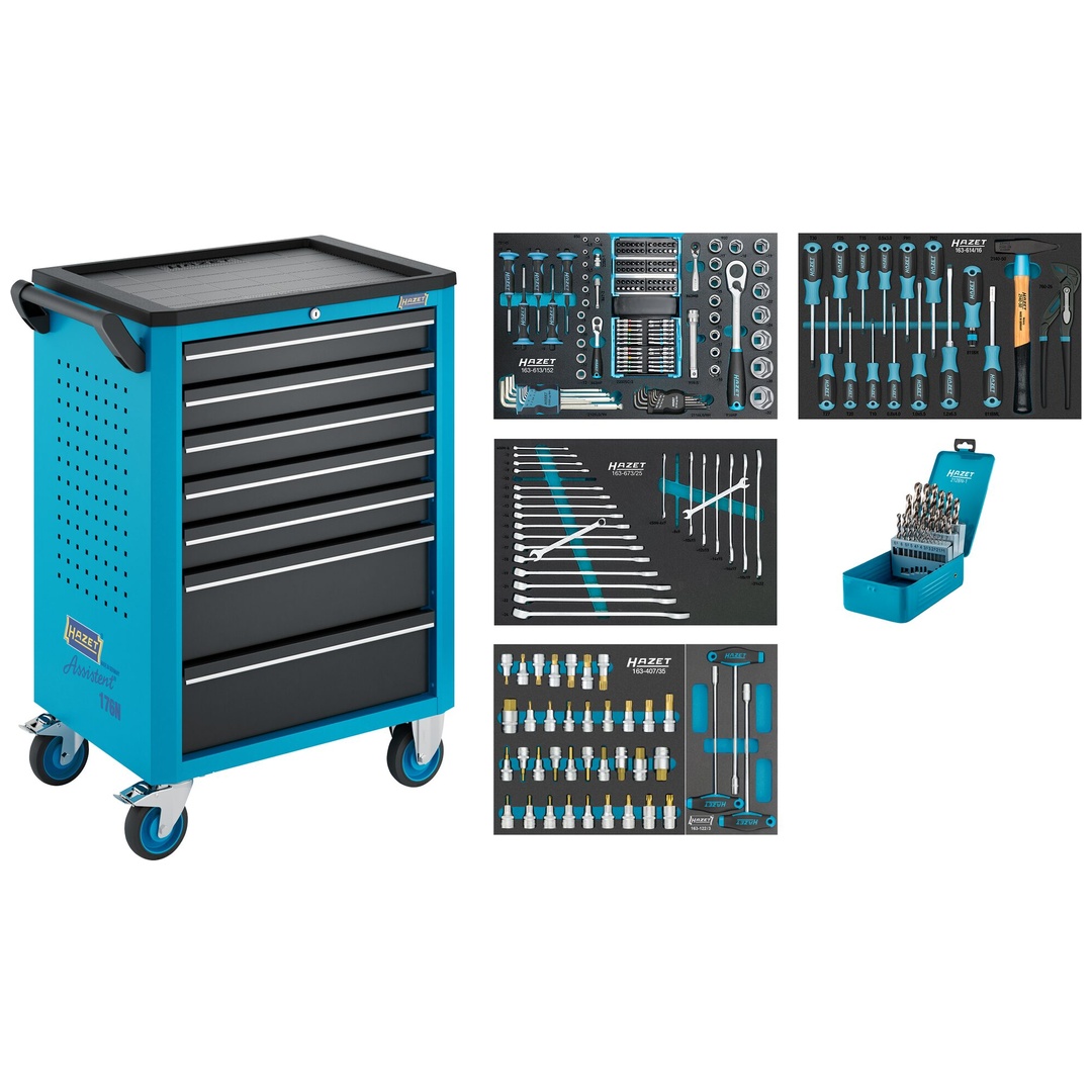 Hazet Werkstattwagen Assistent 176N-7, Sortiment, 256-tlg., Schubladen, flach: 5× 81 x 522 x 348 mm, Schubladen, hoch: 2× 166 x 522 x 348 mm