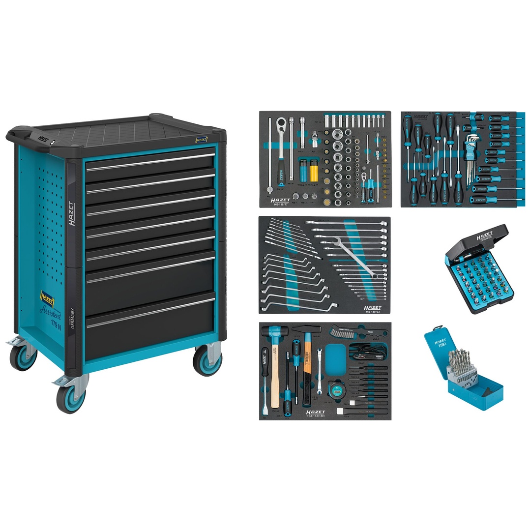 Hazet Werkstattwagen Assistent 179N, Sortiment, 220-tlg., Schubladen, flach: 5× 81 x 522 x 398 mm, Schubladen, hoch: 2× 166 x 522 x 398 mm