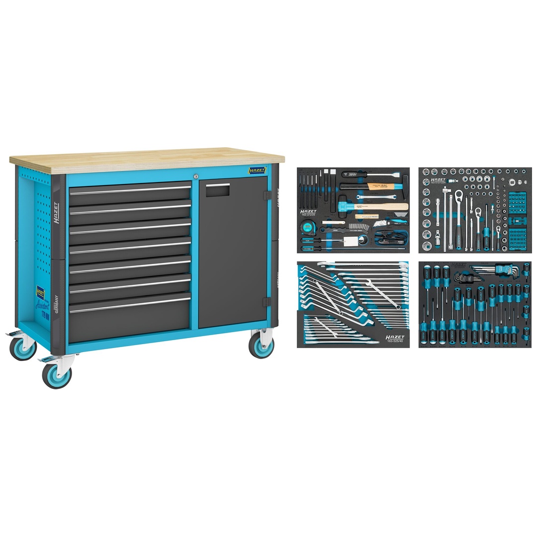 Hazet Werkbank, fahrbar Assistent 179NW, Sortiment, 230-tlg., Schubladen, flach: 6 x 81 x 522 x 398 mm, Schubladen, hoch: 1 x 166 x 522 x 398 mm