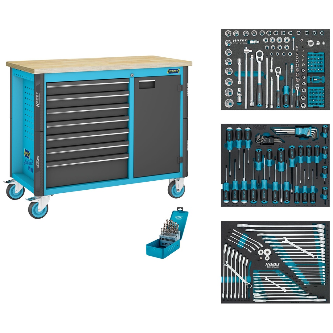 Hazet Werkbank, fahrbar Assistent 179NW, Sortiment, 234-tlg., Schubladen, flach: 6 x 81 x 522 x 398 mm, Schubladen, hoch: 1 x 166 x 522 x 398 mm