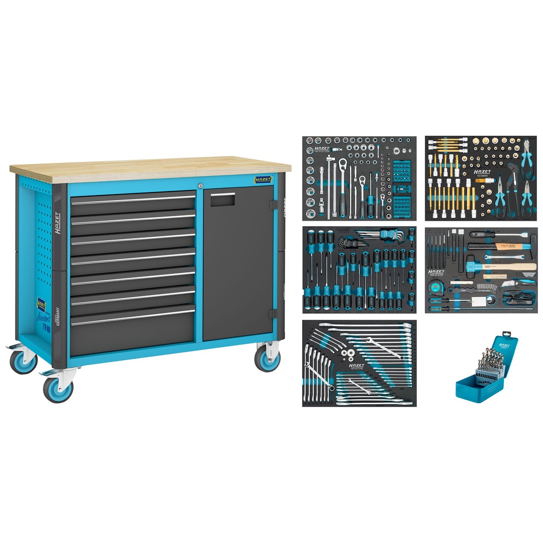 Hazet Werkbank, fahrbar Assistent 179NW, Sortiment, 320-tlg., Schubladen, flach: 6 x 81 x 522 x 398 mm, Schubladen, hoch: 1 x 166 x 522 x 398 mm