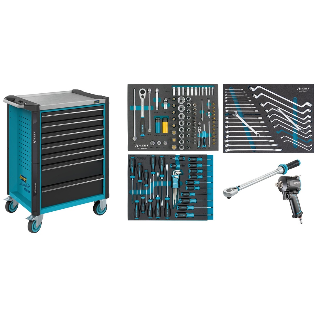 Hazet Werkstattwagen Assistent 179NX, Sortiment, 137-tlg., Schubladen, flach: 5× 81 x 522 x 398 mm, Schubladen, hoch: 2× 166 x 522 x 398 mm