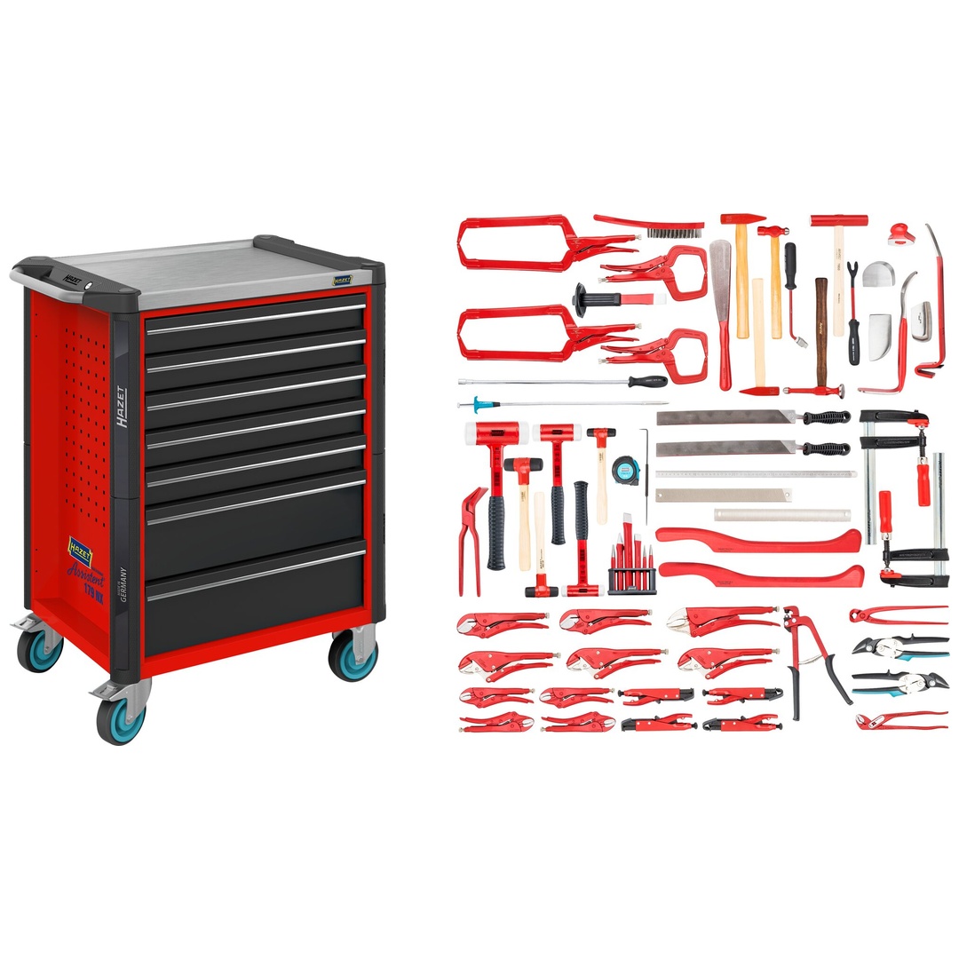 Hazet Werkstattwagen Assistent 179NX, Sortiment, 65-tlg., Schubladen, flach: 5× 81 x 522 x 398 mm, Schubladen, hoch: 2× 166 x 522 x 398 mm