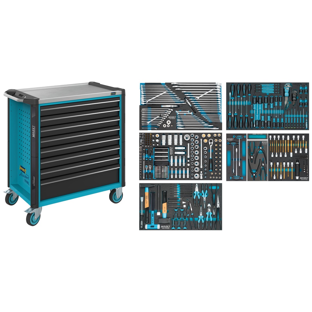 Hazet Werkstattwagen Assistent 179NXL, Sortiment, 427-tlg., Schubladen, flach: 7× 81 x 696 x 398 mm, Schubladen, hoch: 1× 166 x 696 x 398 mm
