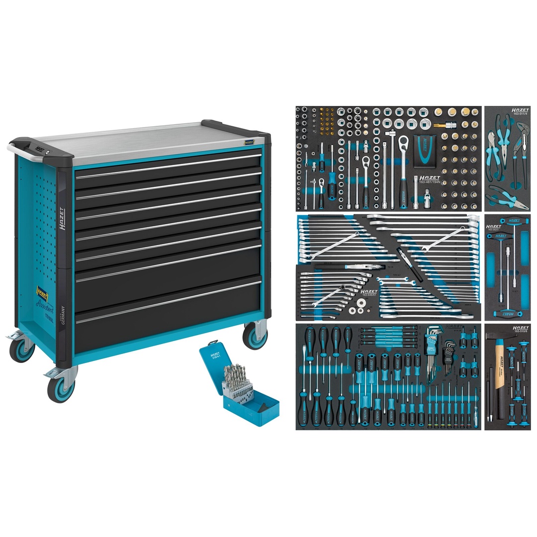 Hazet Werkstattwagen Assistent 179NXXL, Sortiment, 352-tlg., Schubladen, flach: 5× 81 x 870 x 398 mm, Schubladen, hoch: 2× 166 x 870 x 398 mm