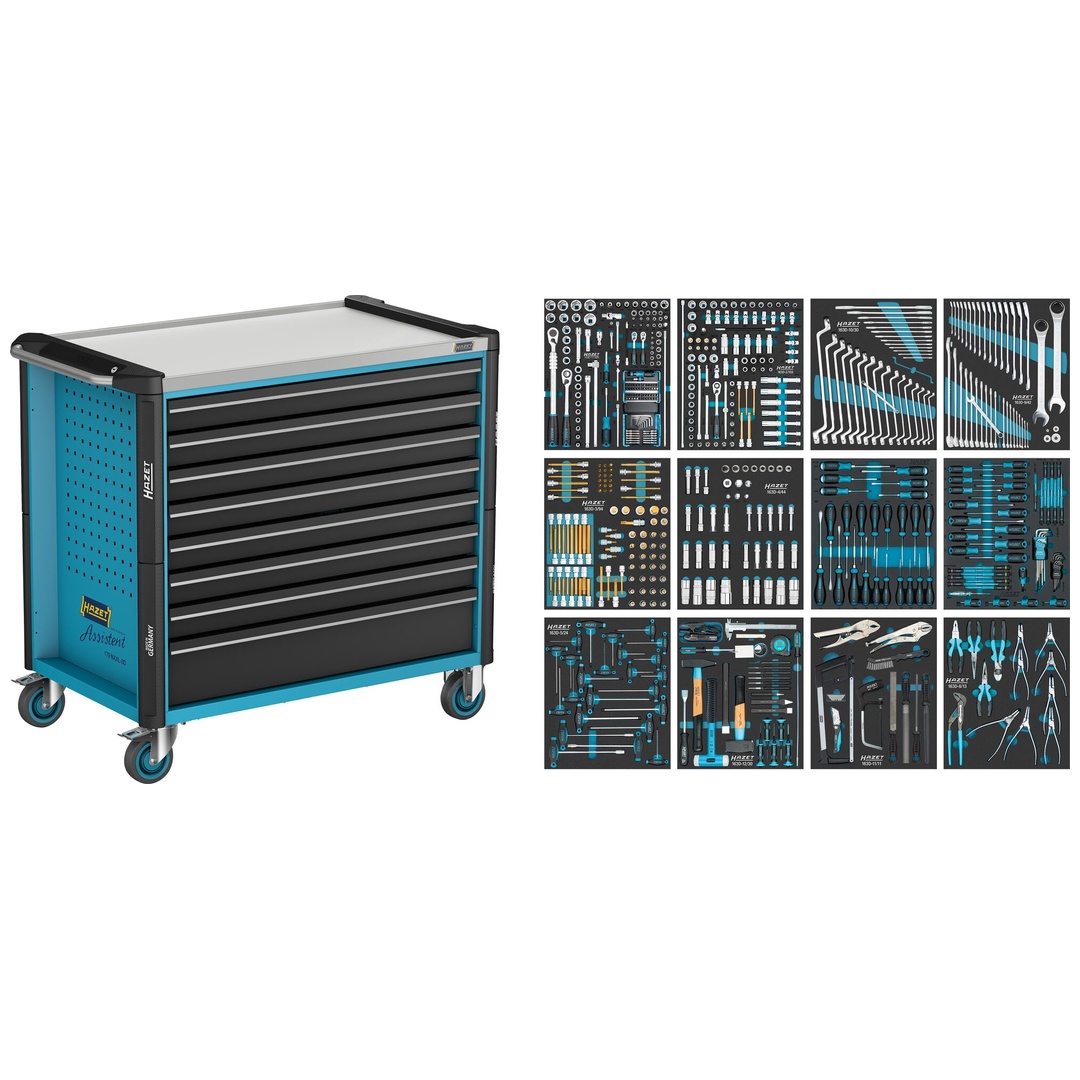 Hazet Werkstattwagen Assistent 179NXXLD, Sortiment, 619-tlg., Schubladen, flach: 7× 81 x 870 x 522 mm, Schubladen, hoch: 1× 166 x 870 x 522 mm