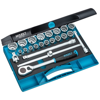 Hazet Steckschlüssel Satz 1/2" (12,5 mm) Vierkant hohl, Außen Doppelsechskant-Tractionsprofil, 23-tlg., 3/8 - 1,1/4