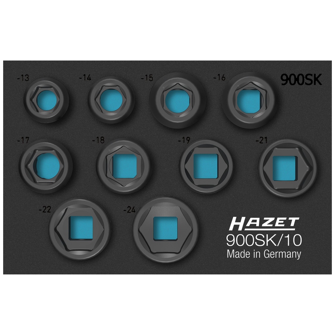 Hazet Schlag-Maschinenschrauber Steckschlüsseleinsatz Satz 900SK/10, 1/2 (12,5 mm) Vierkant hohl, Außen Sechskant-Tractionsprofil, 10-tlg., 13 - 24