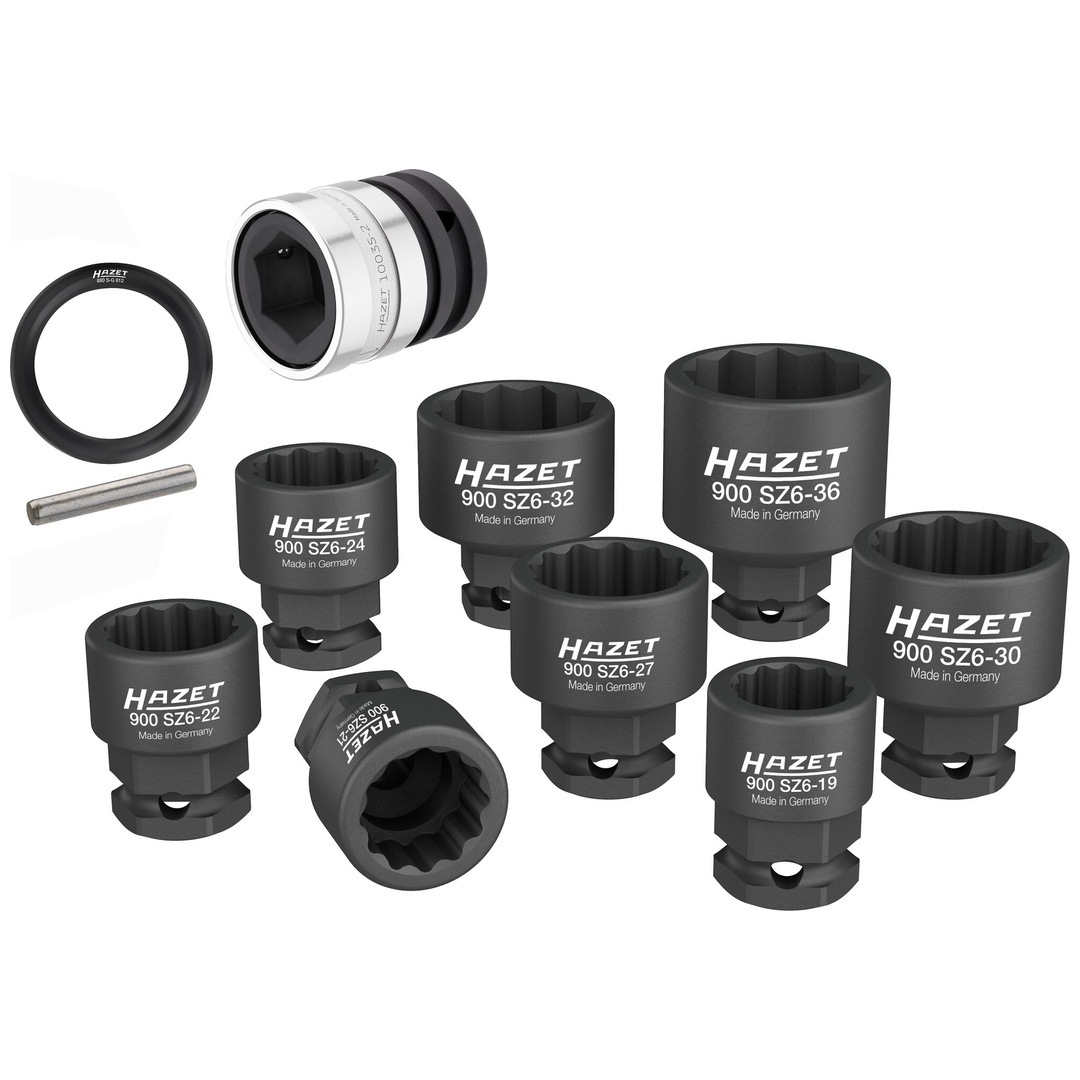 Hazet Schlag-Maschinenschrauber Steckschlüssel Satz 900SZ6/11, 1/2 (12,5 mm) Vierkant hohl, 24 mm Außen-Sechskant, Außen Doppelsechskant-Tractionspro