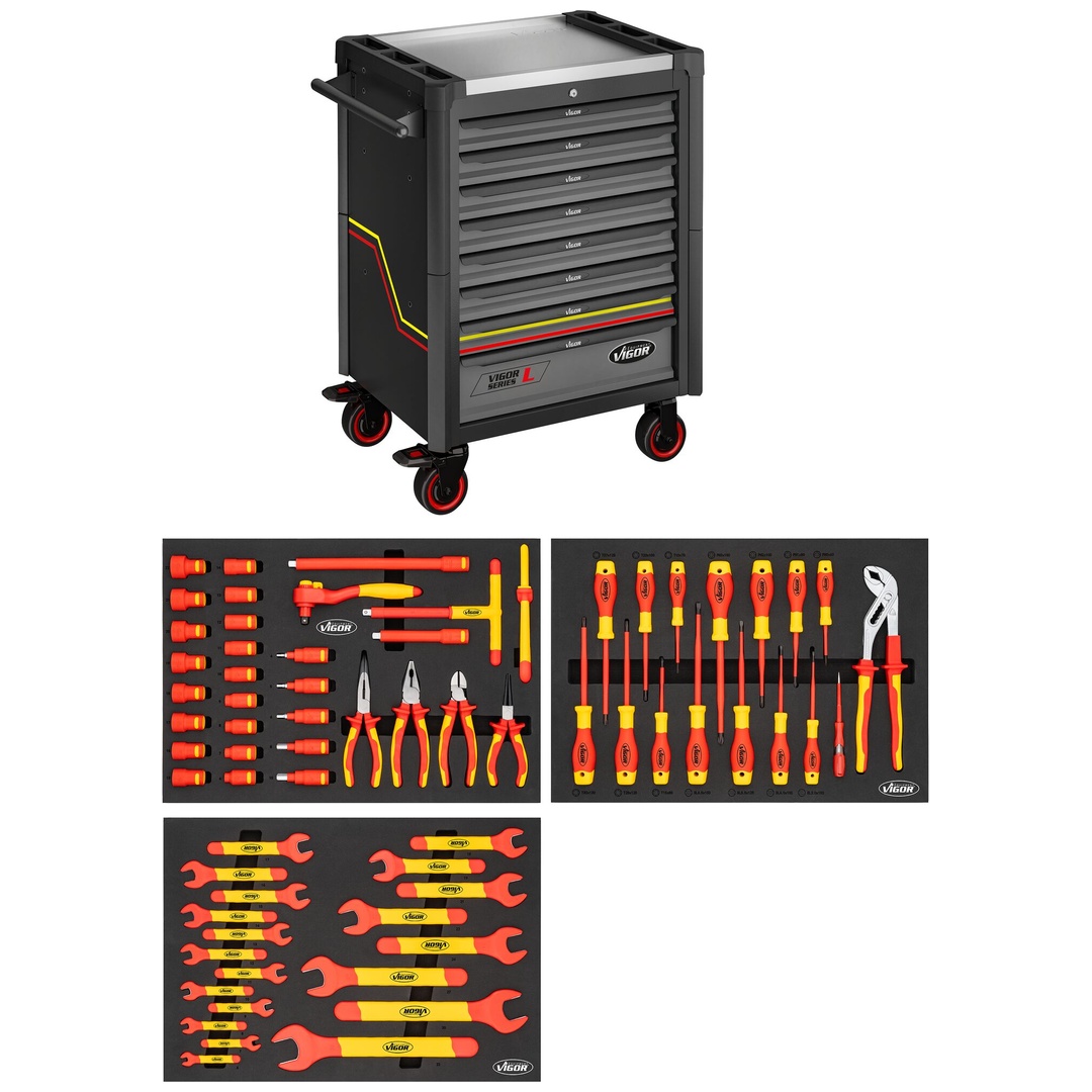 VIGOR Werkstattwagen Series L, mit isoliertem Werkzeugsortiment, 66-tlg., Anzahl Werkzeuge: 66