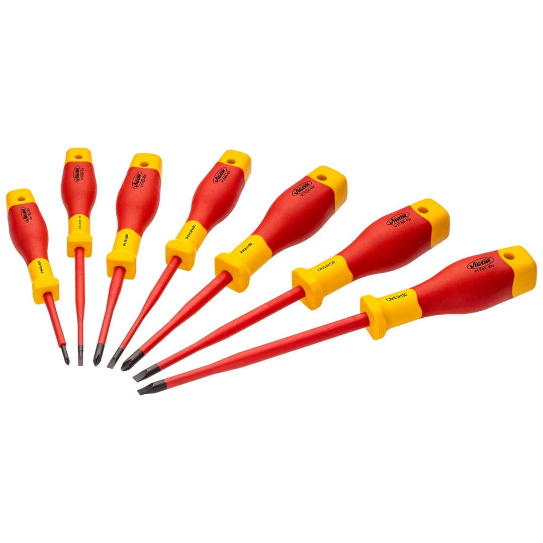 VIGOR Schraubendreher Satz, EV, Kreuzschlitz Profil PH, Schlitz Profil, 7-tlg., PH0 - PH2, 0,5 x 3,0 - 1,2 x 6,5, Anzahl Werkzeuge: 7