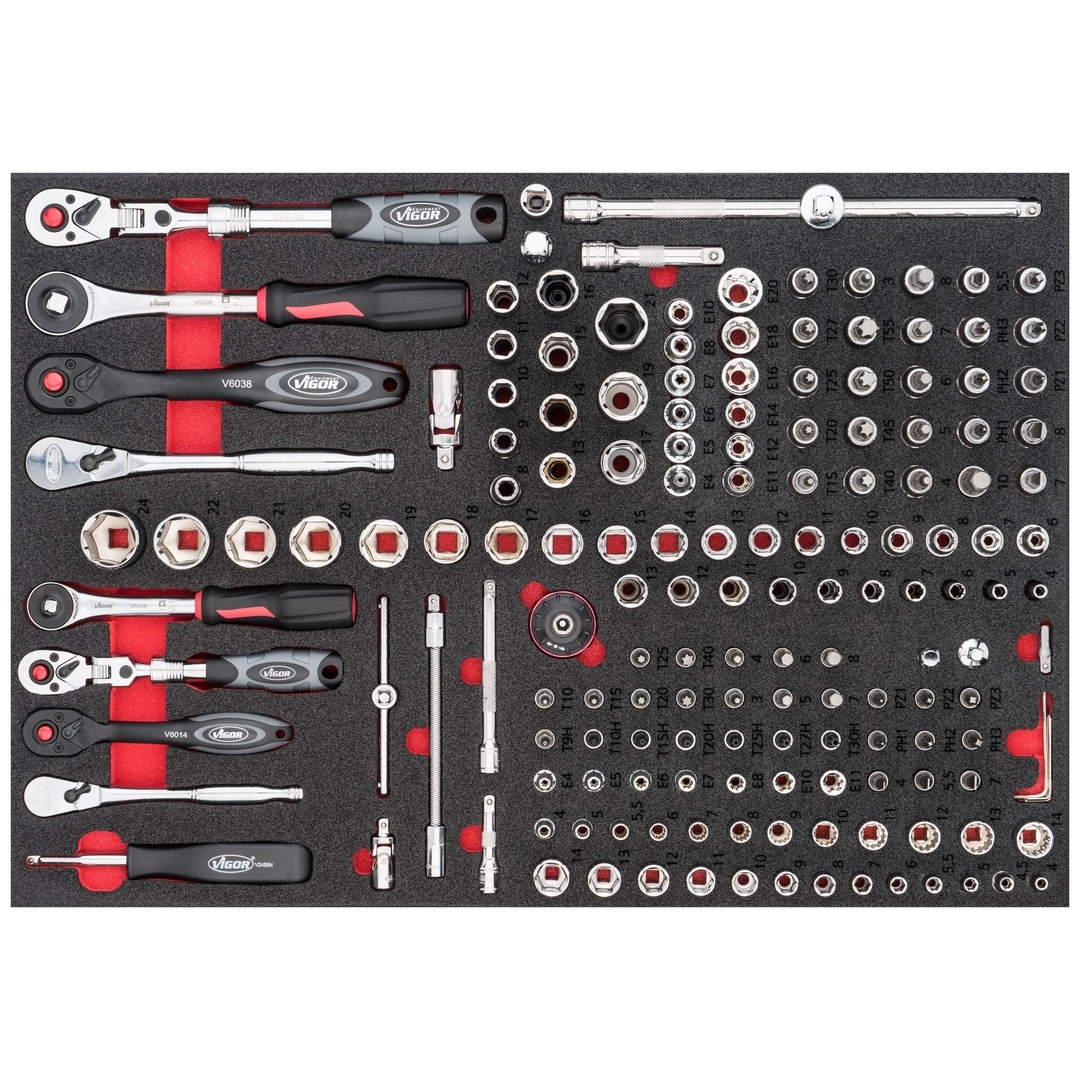 VIGOR Steckschlüssel Satz, 165-tlg., 0,8 x 4 - 1,2 x 8 mm, 3 - 24 mm, E4 - E20, PH1 - PH3, PZ1 - PZ3, T10 - T55, T9H - T27H, Anzahl Werkzeuge: 165