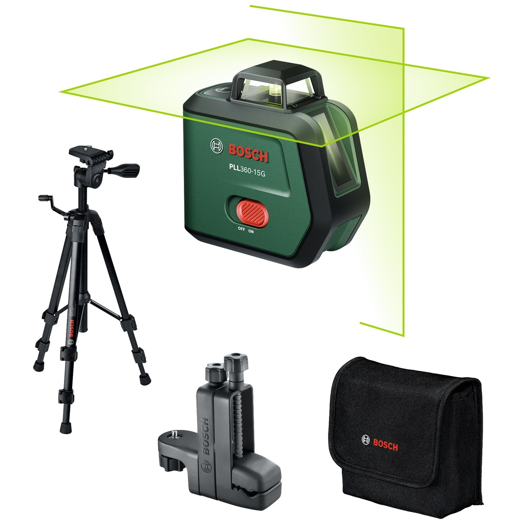 Bosch Professional Bosch Kreuzlinien-Laser PLL360-15G Premium Set, incl. 1x Akku BA 3.6V 2 Ah, Stativ, Zubehör, Tasche