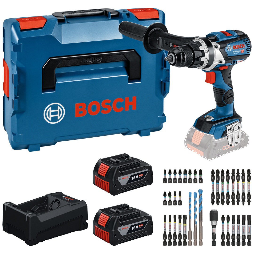 Bosch Professional Bosch Werkzeug-Set: Akku-Bohrschrauber GSR 18V-110 C + 2x GBA 5 Ah + GAL 12V/18V-80 + Bit-Set in L-BOXX