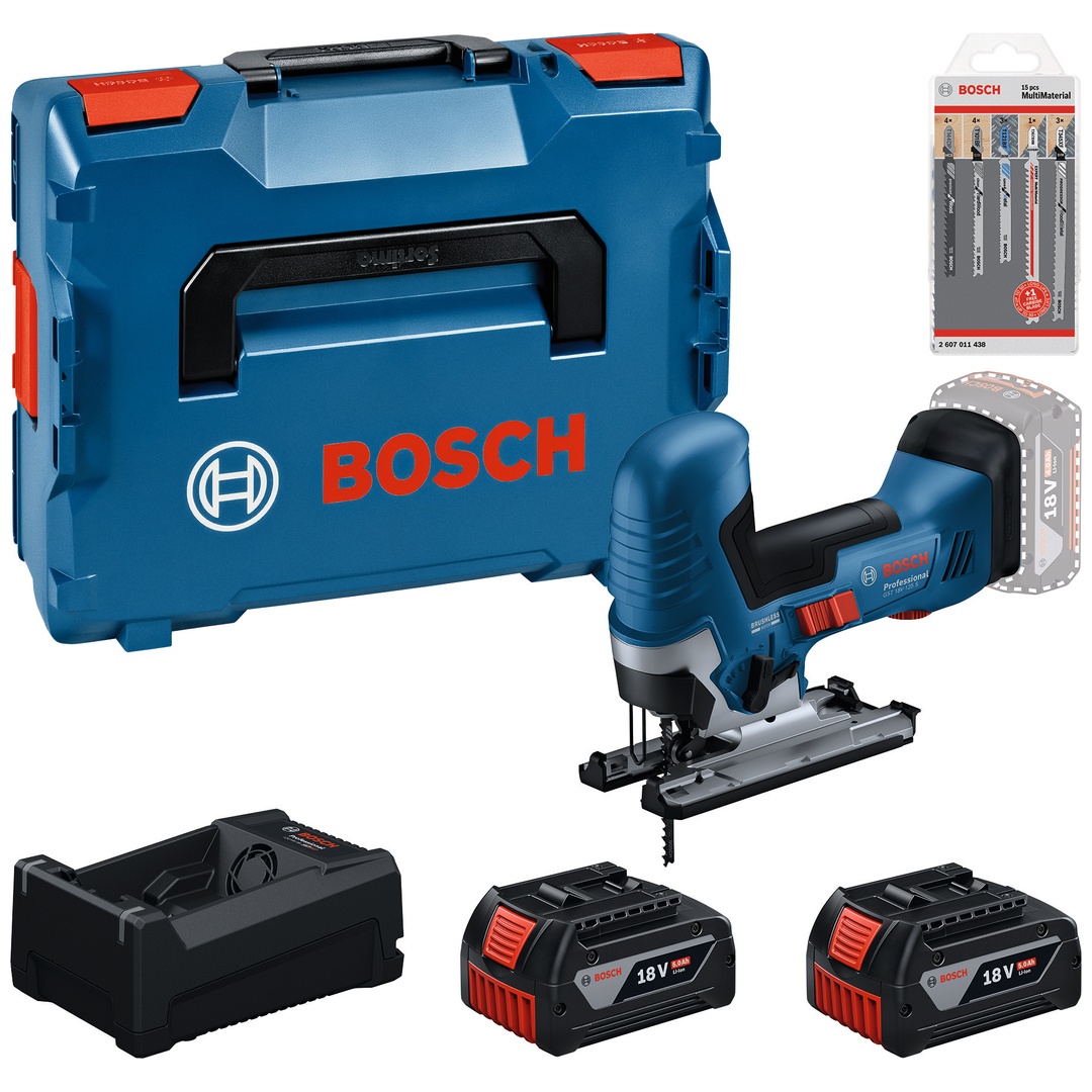 Bosch Professional Bosch Werkzeug-Set: Akku-Stichsäge GST 18V-125 S + 2x GBA 5 Ah + GAL + Stichsägeblattset in L-BOXX
