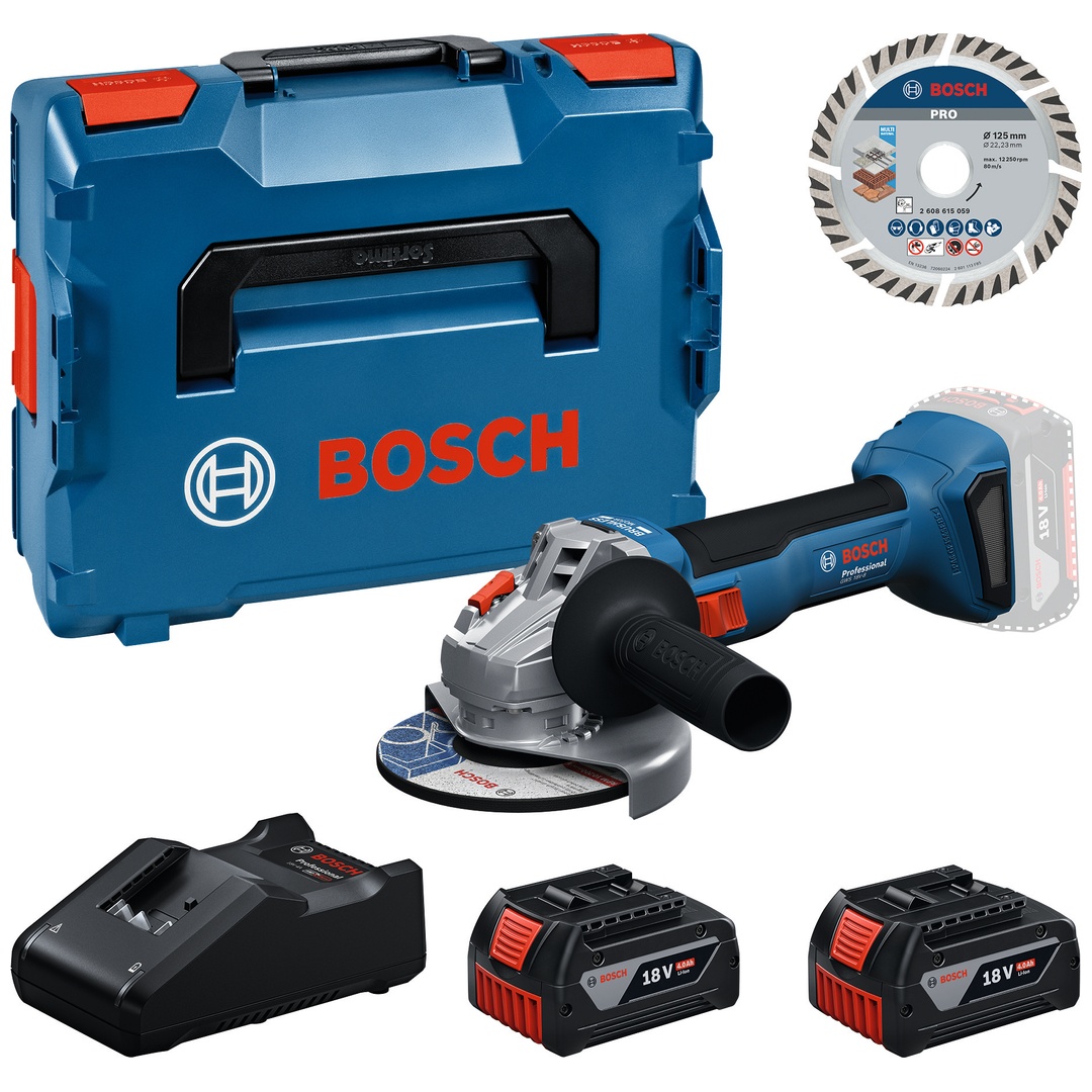 Bosch Professional Bosch Werkzeug-Set: Akku-Winkelschleifer GWS 18V-8 + 2x GBA 4 Ah + GAL 18V-40 + Trennscheibe 125 in L-BOXX