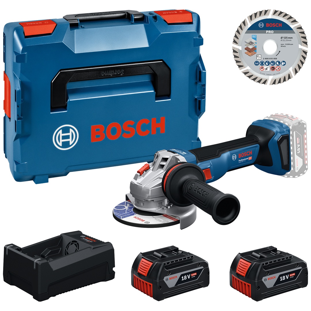 Bosch Professional Bosch Werkzeug-Set: Akku-Winkelschleifer GWS 18V-11 S + 2x GBA 5 Ah + GAL + Trennscheibe 125 in L-BOXX