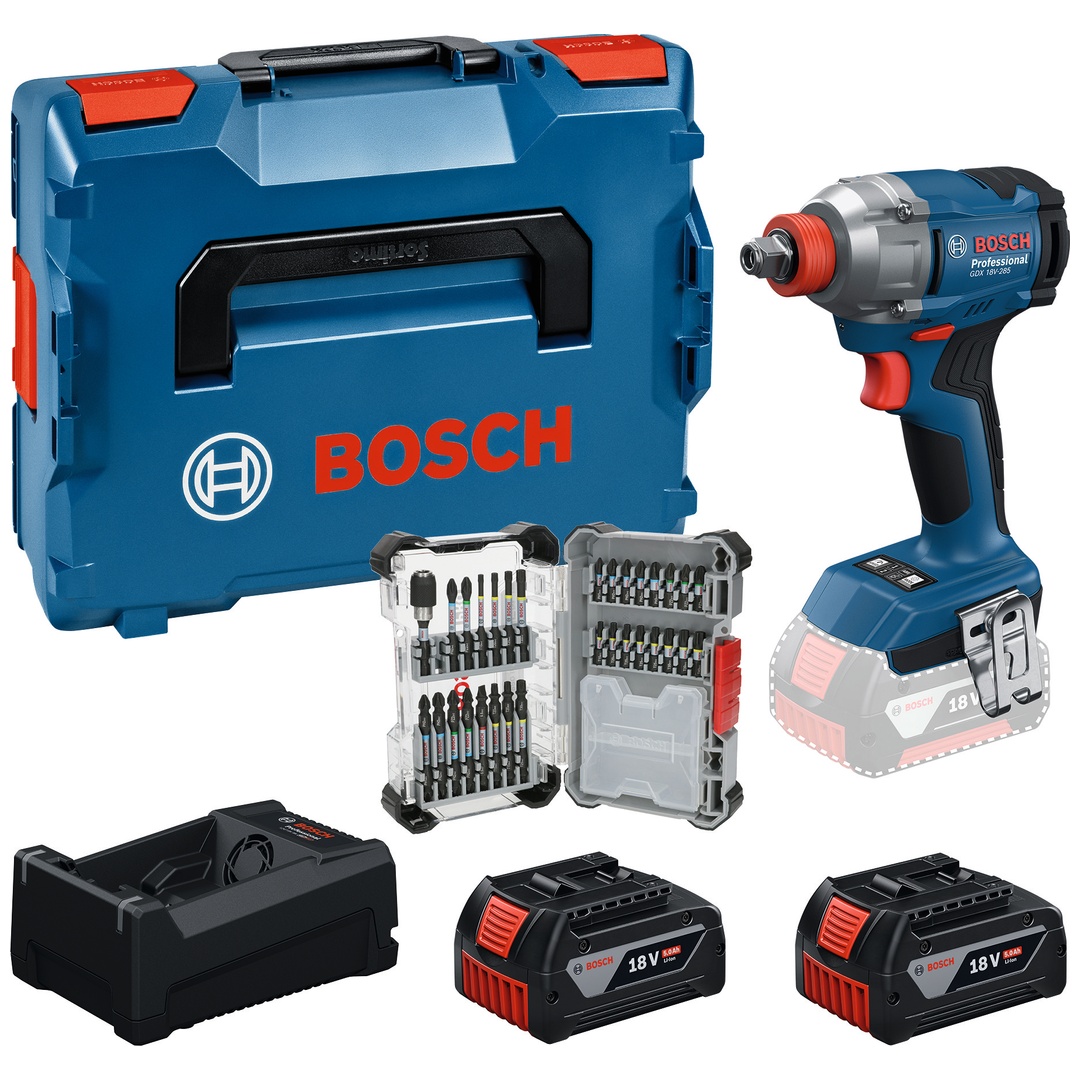 Bosch Professional Bosch Werkzeug-Set: Akku-Drehschlagschrauber GDX 18V-285 + 2x GBA 5 Ah + GAL + 31-tlg. Bit-Set in L-BOXX
