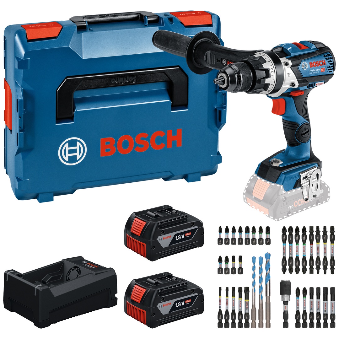 Bosch Professional Bosch Werkzeug-Set: Akku-Schlagbohrschrauber GSB 18V-110 C + 2x GBA 5 Ah + GAL 12V/18V-80 + Bit-Set in L-BOXX