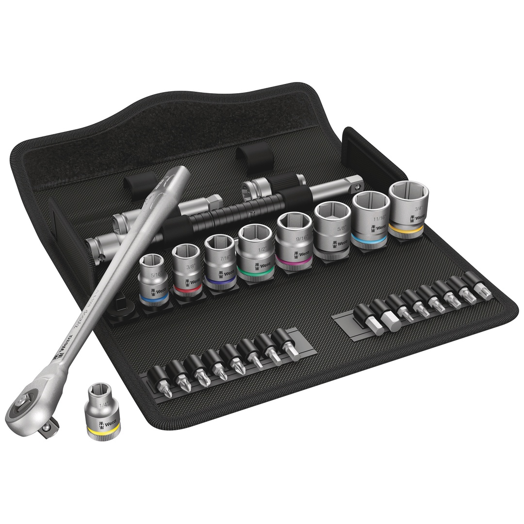 Wera 8100 SB 10 Zyklop Metal-Knarrensatz, Durchsteckvierkant, 3/8-Antrieb, zöllig, 29-tlg.